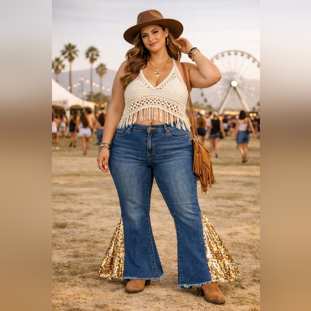 Lucky & Blessed Size 16 Medium Wash Sequin Flared Jeans